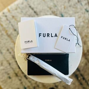 FURLA Classic Credit Card Case Leather Wallet Wristlet, Black,‎ Wrist Strap, NWT